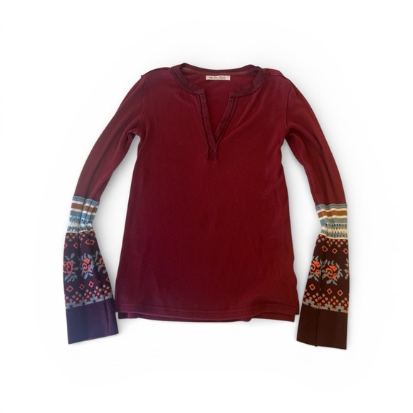 We The Free Burgundy Long Sleeve Top with Patterned Sleeves - Picture 2 of 8